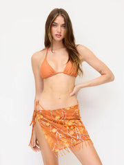 Mid Rise Flower Detail Glitter Embroidery Beaded Tassel Hem Split Cover Up Skirt