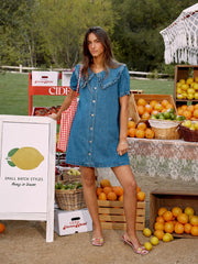 Denim Peter Pan Collar Button Through Smock Puff Sleeve Mini Dress