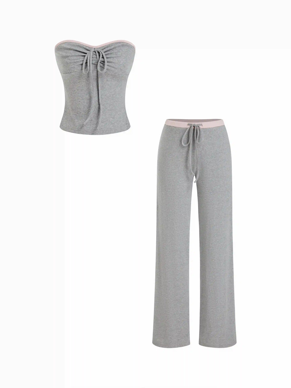 Cotton-blend Drawstring Bandeau Top & High Rise Wide Leg Trousers Set
