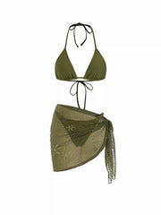 Halter Neckline Triangle Bikini Set With Sequin & Bead Detail Sarong