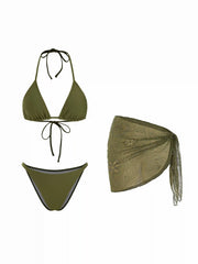 Halter Neckline Triangle Bikini Set With Sequin & Bead Detail Sarong