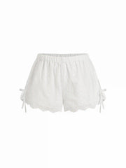 Cotton Low Rise Embroidery Tie Side Split Pointed Hem Oversized Shorts