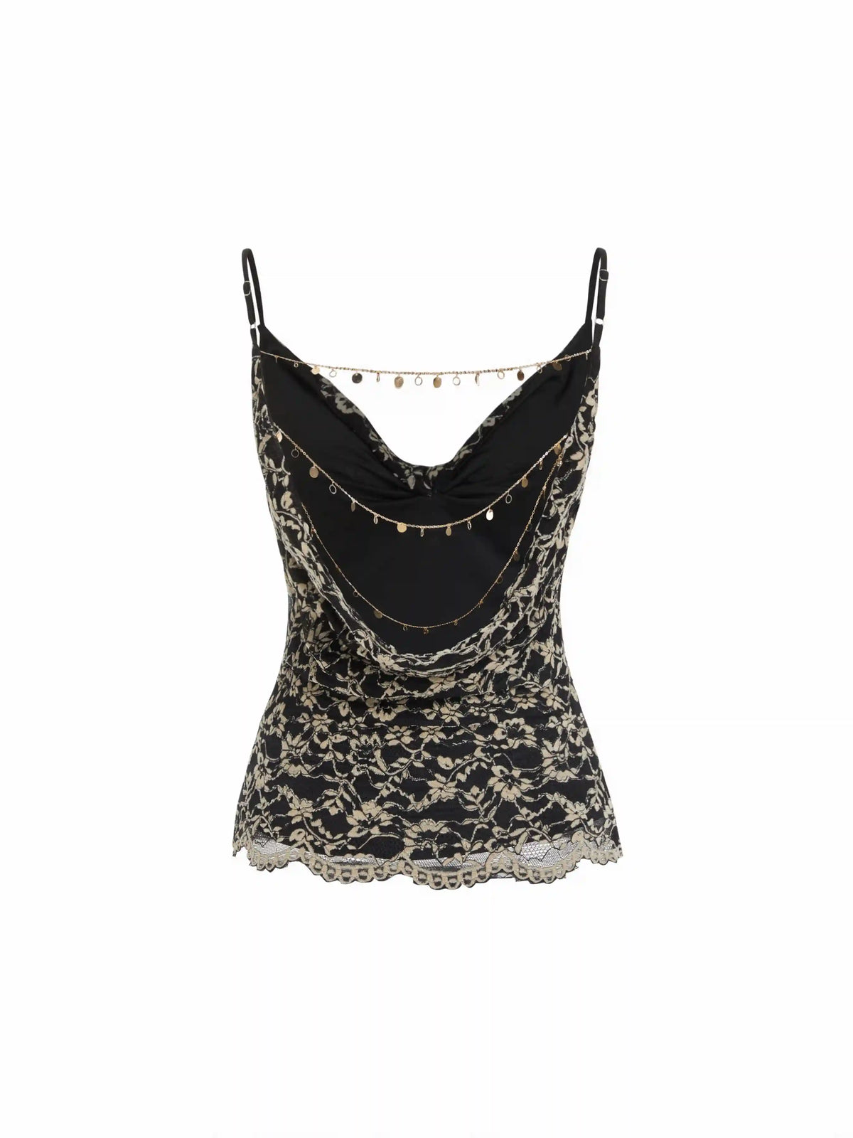 Lace Cowl Neck Ruffled Backless Cami Top With Chain