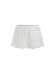 Mid Rise Lace Drawstring Scallop Hem Shorts