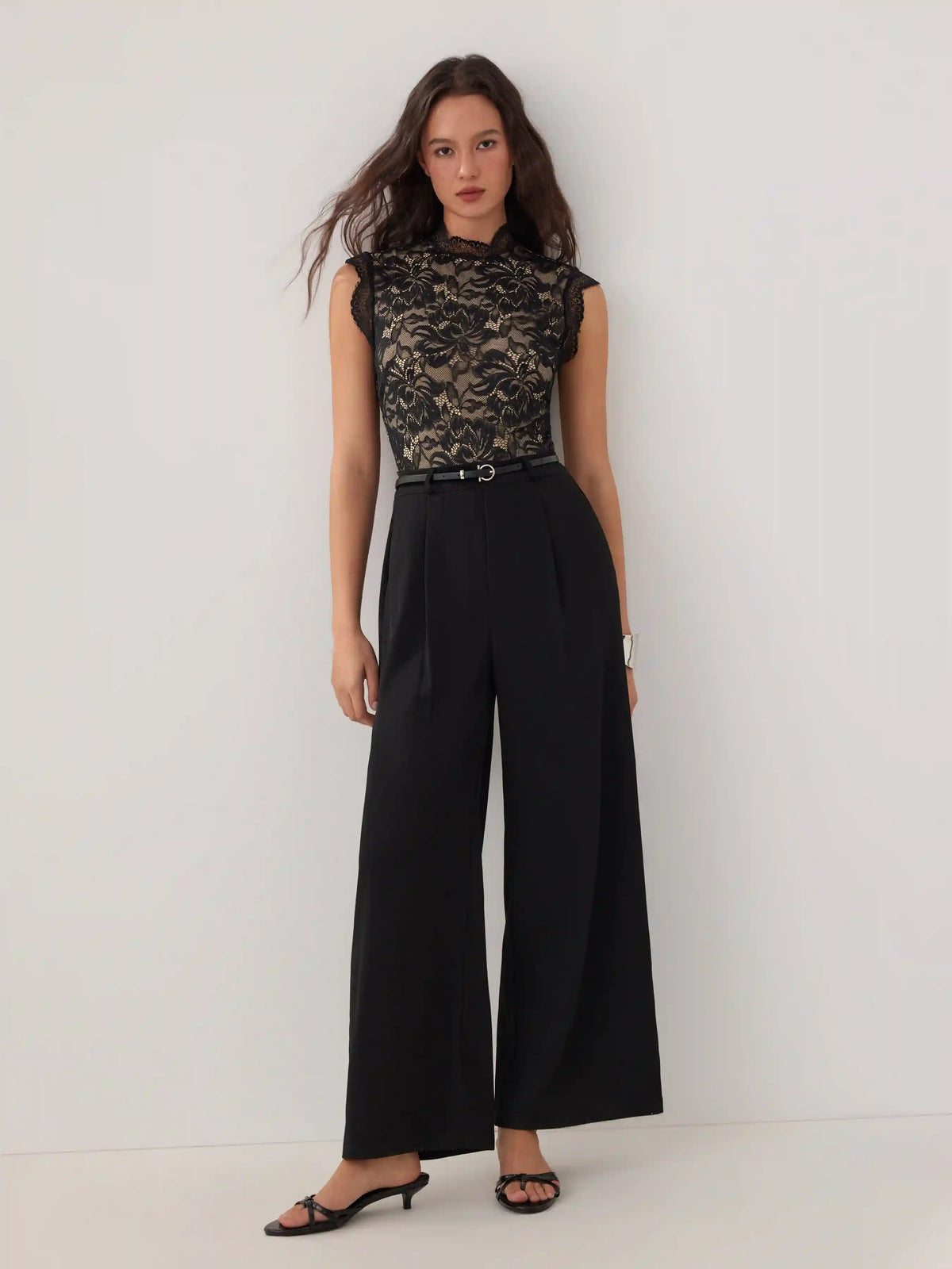 Lace Stand Collar Mid Rise Wide Leg Jumpsuit With Belt