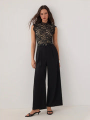 Lace Stand Collar Mid Rise Wide Leg Jumpsuit With Belt