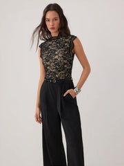 Lace Stand Collar Mid Rise Wide Leg Jumpsuit With Belt