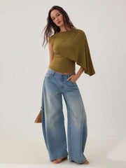 Knit Round Neckline Asymmetrical Cape Overlay Short Sleeve Top