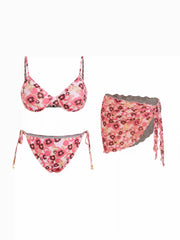 Sweetheart Floral Metal Detail Tie Side Underwire Bikini Set With Sarong Curve & Plus