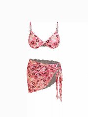 Sweetheart Floral Metal Detail Tie Side Underwire Bikini Set With Sarong Curve & Plus