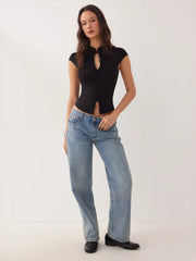 Stand Collar Short Sleeve Tie Front Cut Out Backless Slim Blouse