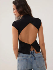 Stand Collar Short Sleeve Tie Front Cut Out Backless Slim Blouse
