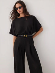 Boat Neck Batwing Sleeve High Rise Wide Leg Jumpsuit With Belt