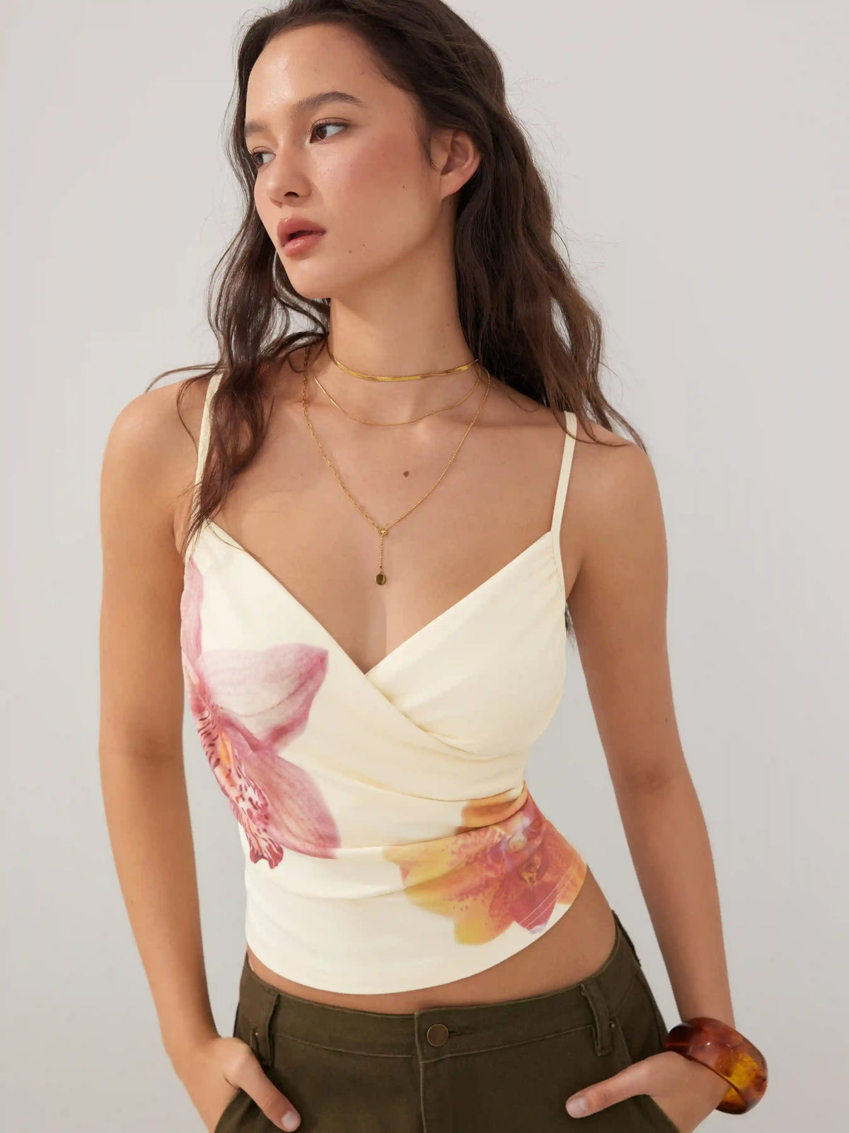 Floral V-neck Ruched Wrap Cami Top