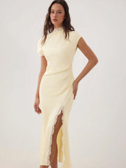 Satin Lace Trim Split Mermaid Maxi Dress