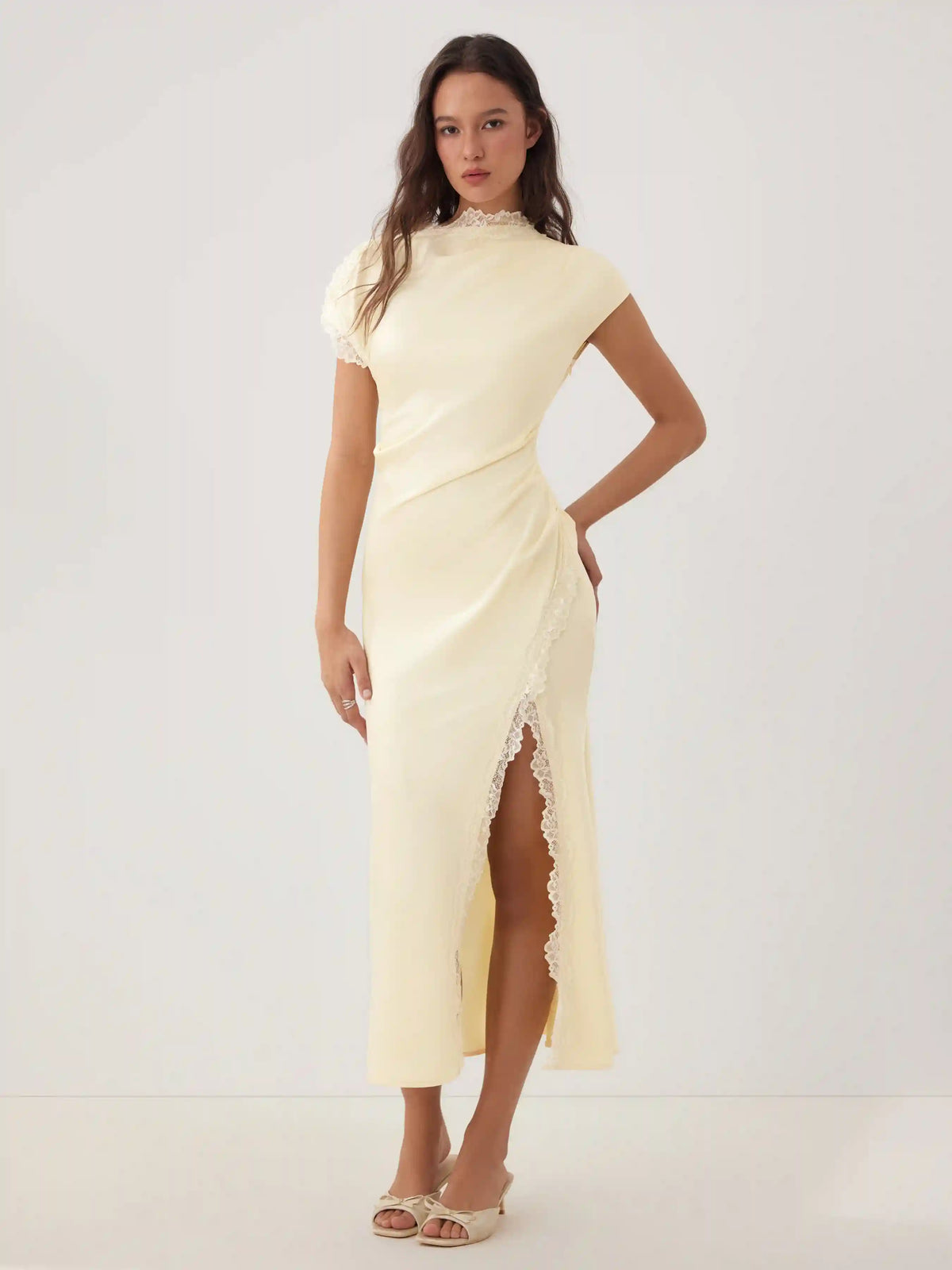 Satin Lace Trim Split Mermaid Maxi Dress