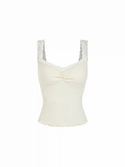 Pointelle Scoop Neck Ruched Lace Trim Lettuce Hem Cami Top