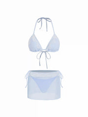 Halter Neckline Lace Panel Tie Side Triangle Bikini Set With Mesh Lace Skirt