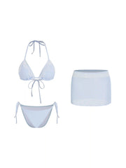 Halter Neckline Lace Panel Tie Side Triangle Bikini Set With Mesh Lace Skirt