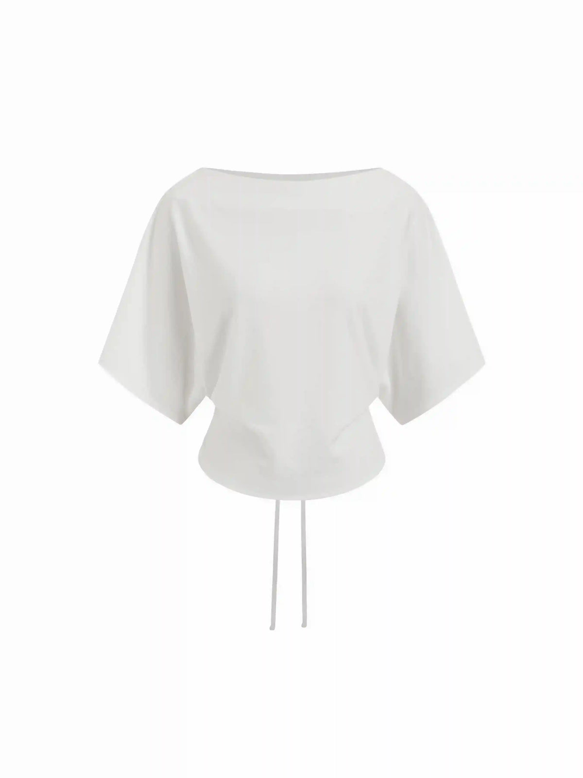 Cotton-blend Boat Neck Batwing Sleeve Drawstring Tee