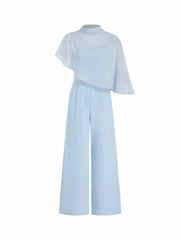 Stand Collar Asymmetrical Cloak Sleeve Mid Rise Wide Leg Jumpsuit