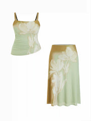 Mesh Floral Wrap Cami Top & Mid Rise A-line Maxi Skirt Set Curve & Plus