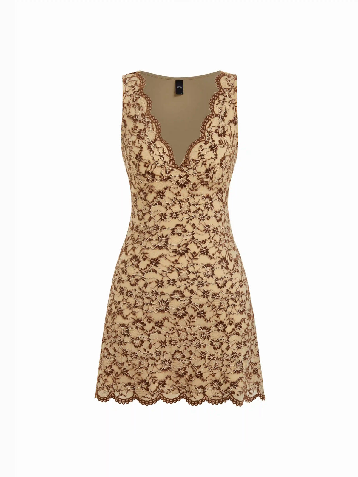 Flocking Lace V-neck A-line Mini Dress