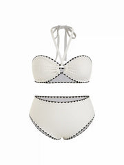 Textured Halter Neckline Contrasting Binding Cut Out Bandeau Bikini Set Curve & Plus