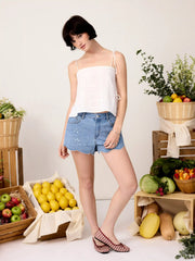 Denim Low Rise Embroidery Floral Scallop Hem Micro Shorts