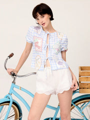 Mid Rise Lace Drawstring Scallop Hem Shorts
