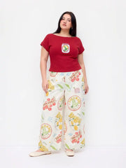Cotton Mid Rise Fruit Graphic Wide Leg Trousers Curve & Plus