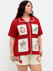 Crochet Fruit Embroidery Oversized Cardigan Curve & Plus