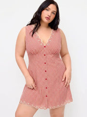 Cotton-blend Gingham V-neck Scallop Hem A-line Mini Dress Curve & Plus