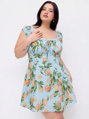 Fruit Print Ruched Knotted Square Neckline A-line Mini Dress Curve & Plus