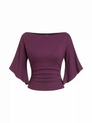 Boat Neck Mid-length Bell Sleeve Ruched Tee