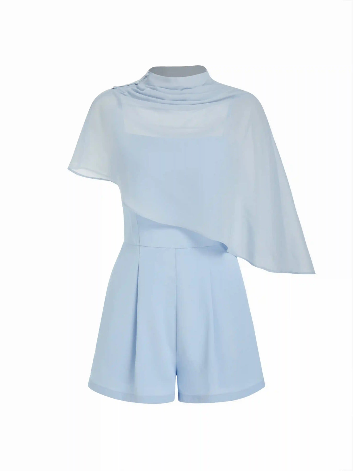 High Neck Asymmetrical Cloak Sleeve Poncho Top & Mid Rise Romper Set