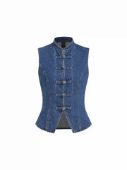 Denim Stand Collar Twist Knotted Washed Denim Vest