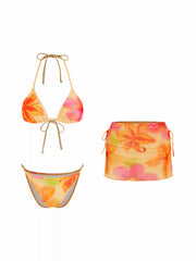 Floral Halter Neckline Triangle Bikini Set With Ruched Tie Side Skirt
