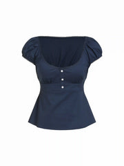 Cotton-blend Scoop Neckline Puff Sleeve Ruched Lace Trim Blouse