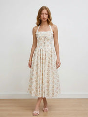 Cotton-blend Sculptural Floral Halter Neck Lace Up Shirred Pleated Flared Midi Dress