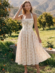 Cotton-blend Sculptural Floral Halter Neck Lace Up Shirred Pleated Flared Midi Dress