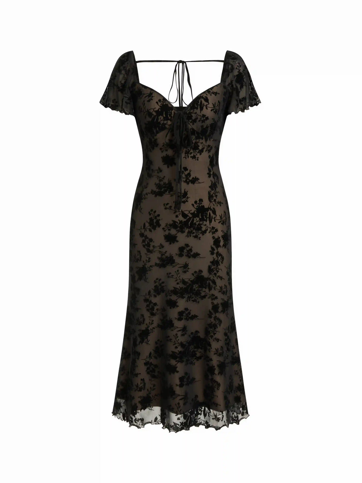 Mesh Flocking Floral Sweetheart Ruffle Sleeve Mermaid Midi Dress