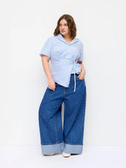 Cotton-blend Stripe Wrap Short Sleeve Blouse Curve & Plus