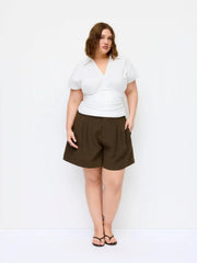 Cotton-blend V-neck Ruched Short Sleeve Blouse Curve & Plus