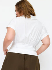Cotton-blend V-neck Ruched Short Sleeve Blouse Curve & Plus