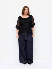 Mesh Polka Dot Bell Sleeve Knotted Lettuce Trim Layered Top Curve & Plus