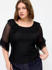 Mesh Polka Dot Bell Sleeve Knotted Lettuce Trim Layered Top Curve & Plus