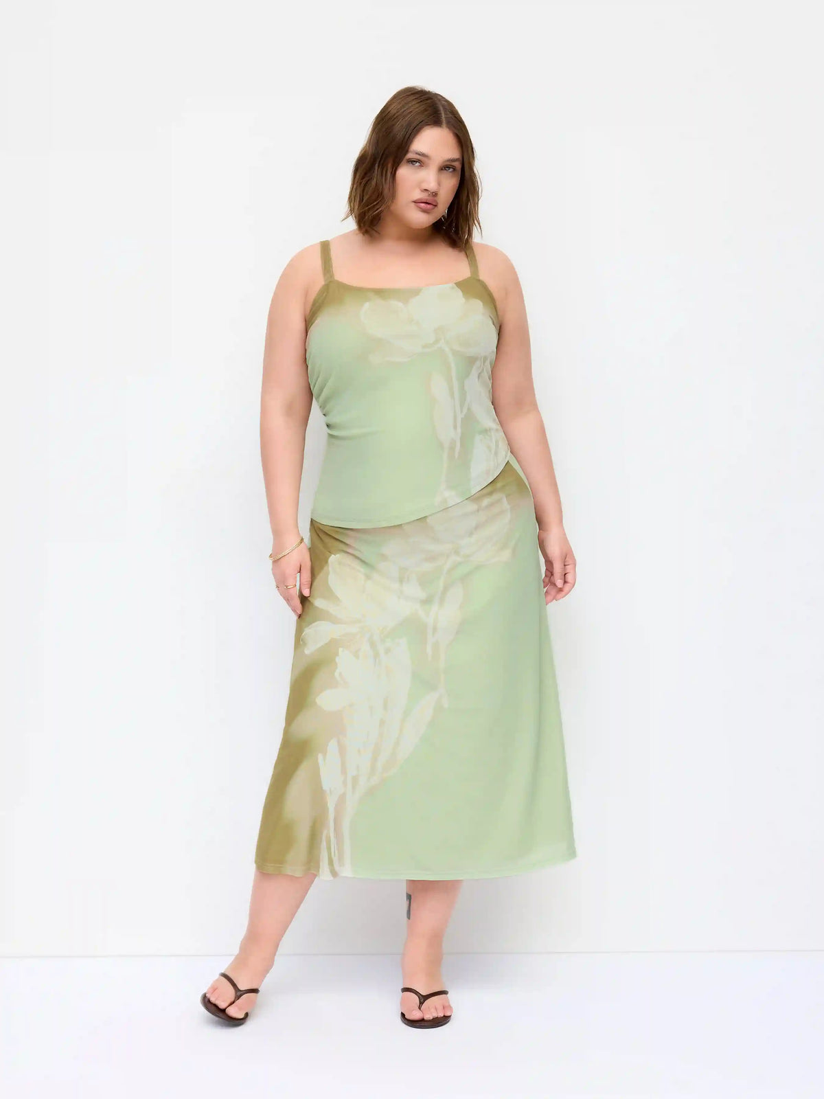 Mesh Floral Wrap Cami Top & Mid Rise A-line Maxi Skirt Set Curve & Plus