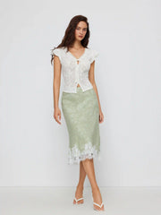 Jacquard Mid Rise Floral Lace Trim Mermaid Midi Skirt