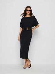High Stretch Boat Neck Batwing Sleeve Straight Maxi Dress With Belt